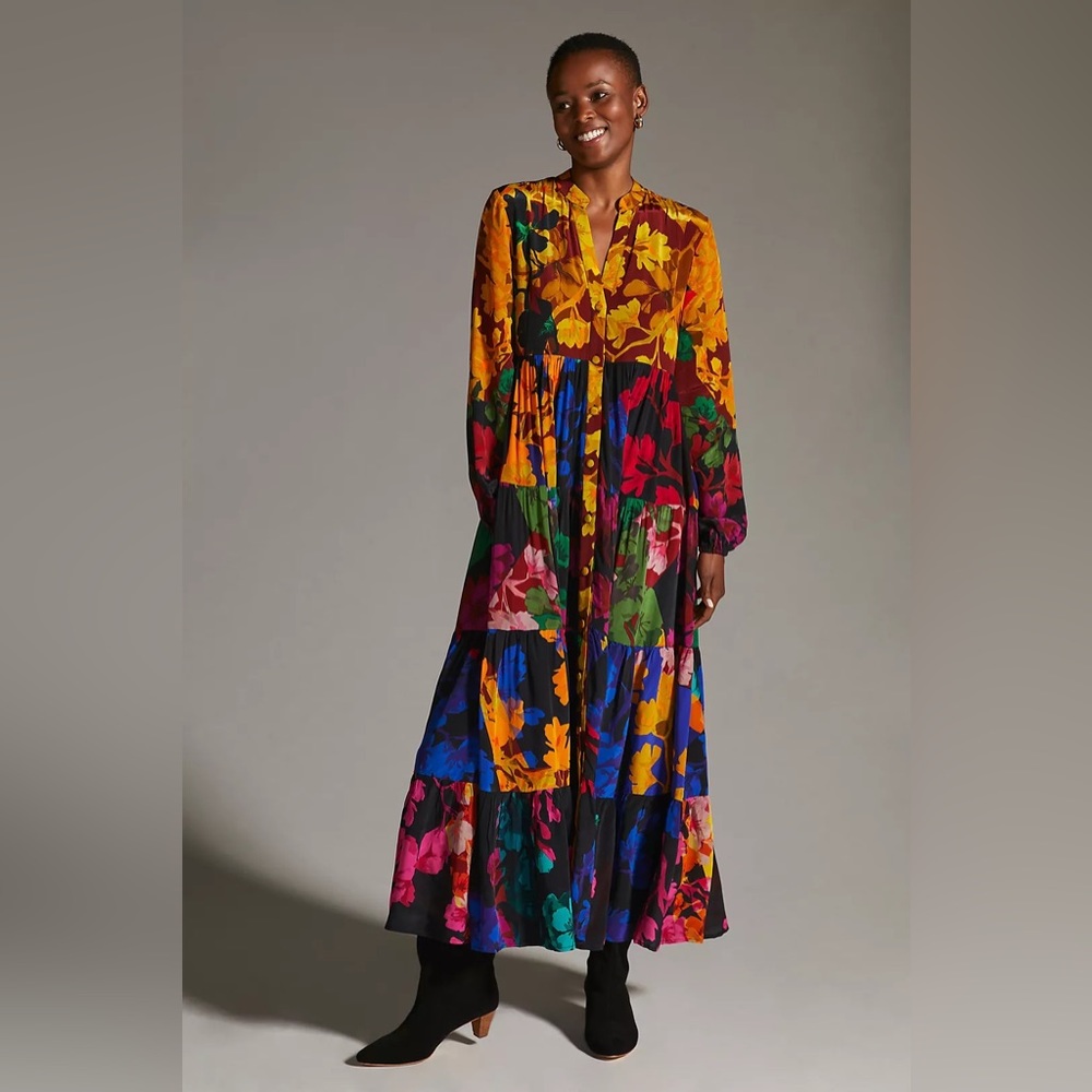 Anthropologie Multi‑Color Floral Tiered Maxi Dress